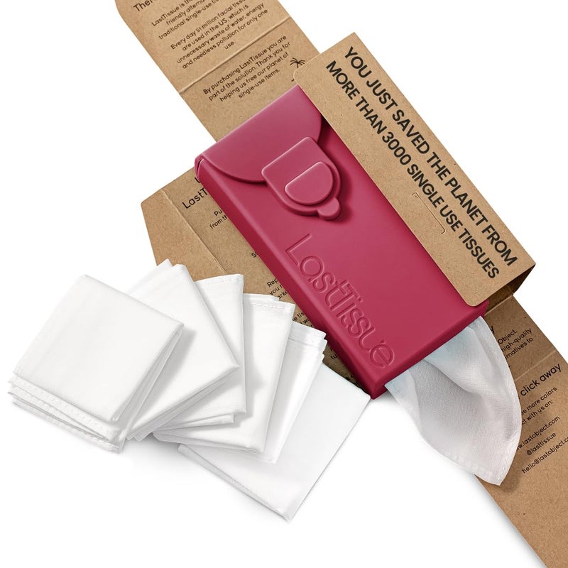 LastTissueÂ® Reusable Cotton Tissue Pack | Face Towels & Handkerchiefs for Men & Women â€“ Washable, Sustainable Facial Tissue with Storage Case - Red - Image 1